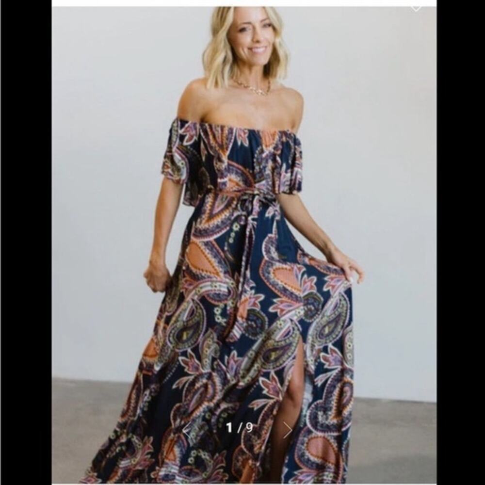 Baltic Born Paisley Off the Shoulder Maxi Dress Women's Blue Size Small